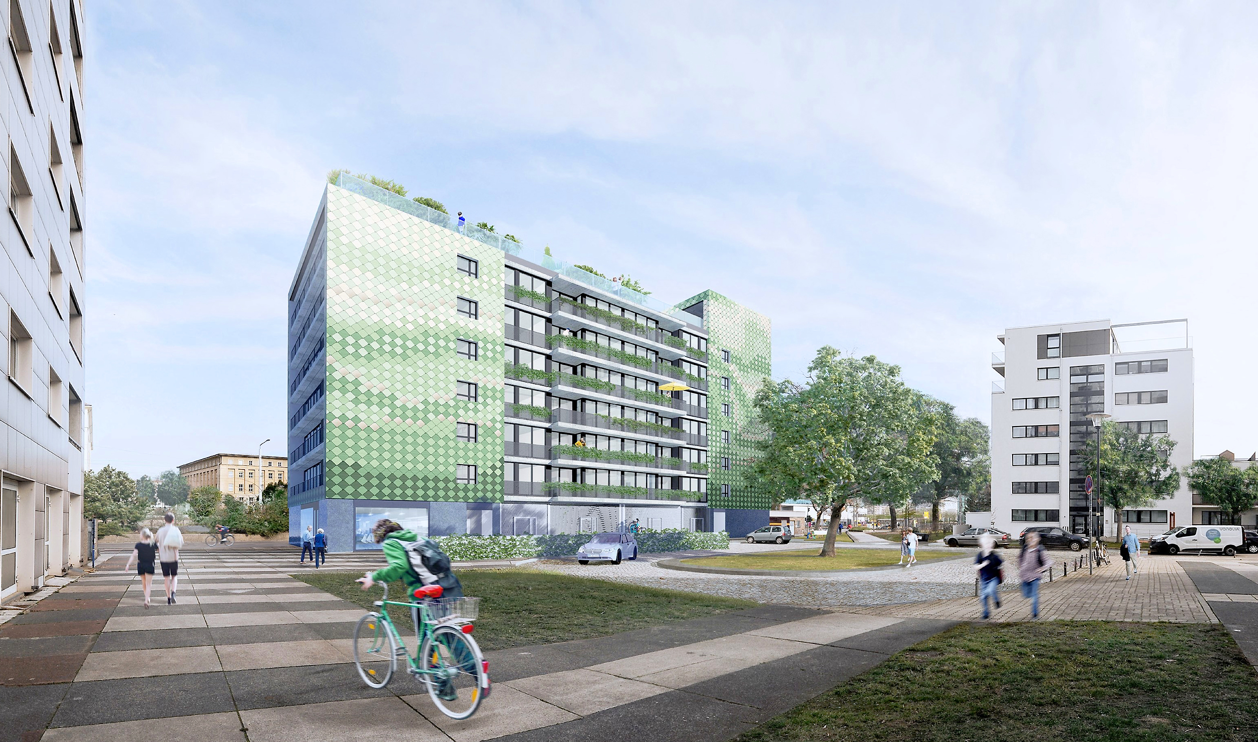 In der Visualisierung sind mehrere Häuser und im Vordergrund ein neu-gebautes Haus zu sehen. Im Vordergrund sind Menschen, Grünanlagen, Straßen und Wege und Autos zu sehen.