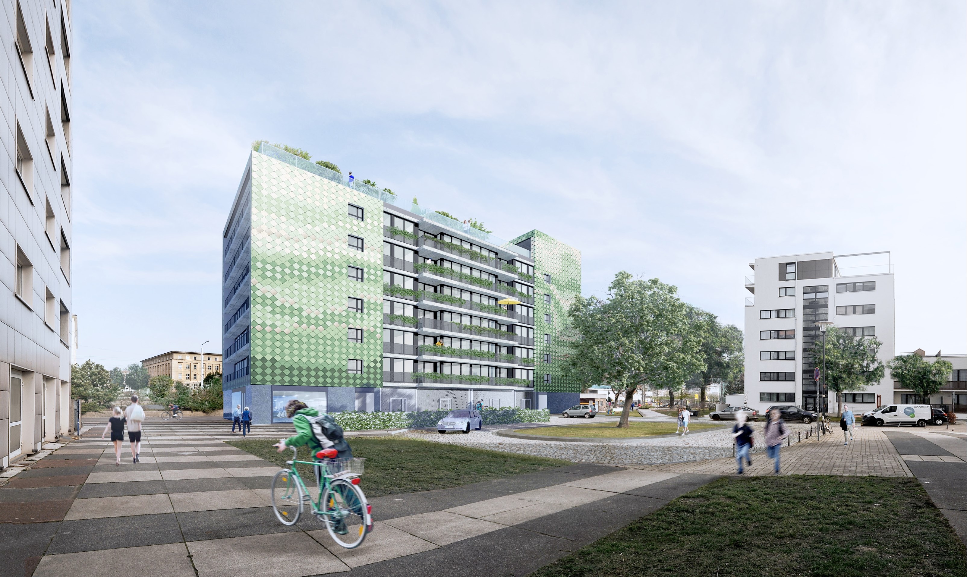 Abbildung eines modernen, grünen Gebäudes mit einem Fahrrad, das die Verbindung von Architektur und umweltbewusstem Transport verdeutlicht.