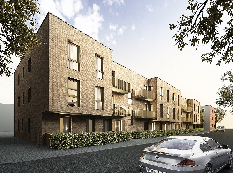 Außenperspektive eines Wohnbaukomplexes mit geparktem Auto